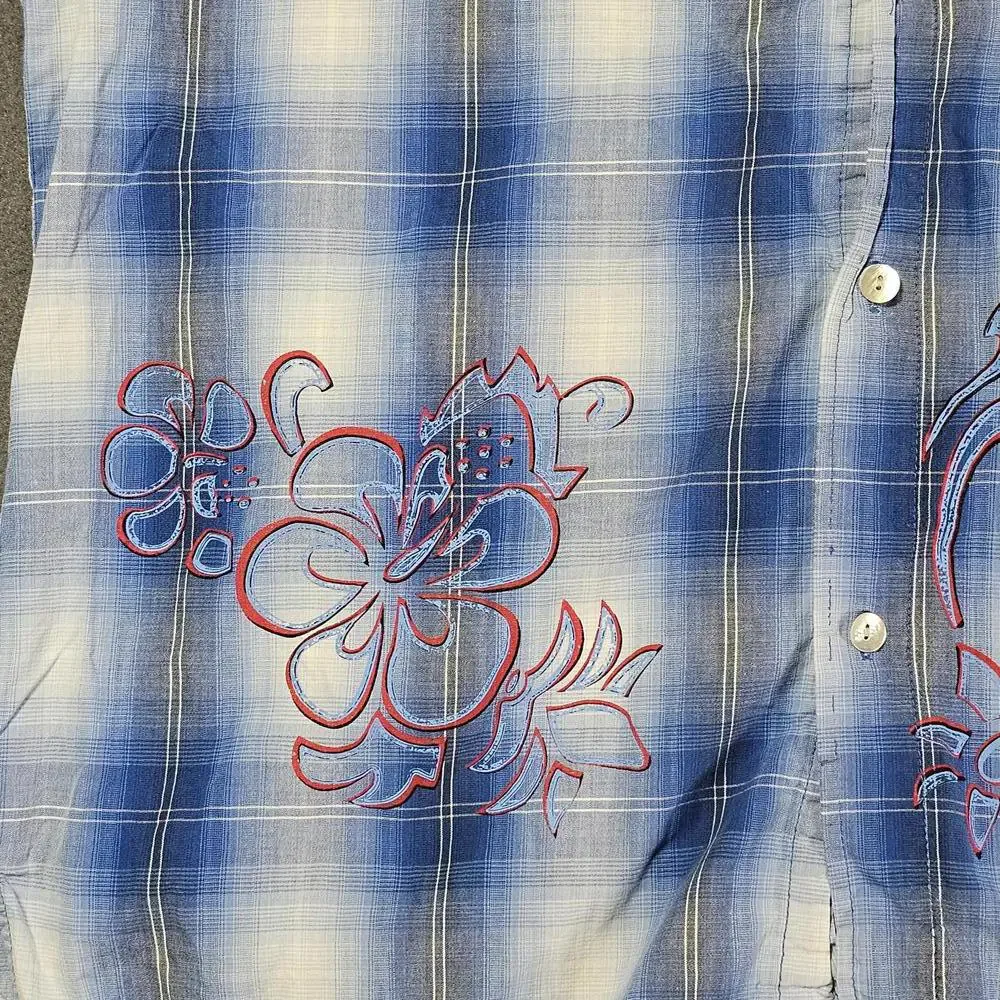 VTG Bugle Boy Hawaiian Shirt L Blue Floral Short Sleeve Y2K 1990s Shell Button - Picture 11 of 13